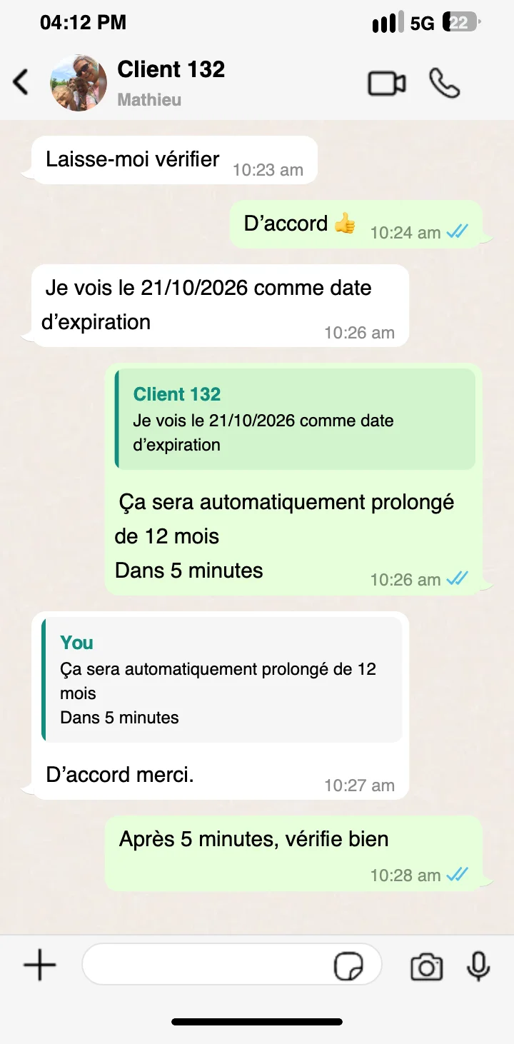 Message de satisfaction client WhatsApp sur pure iptv