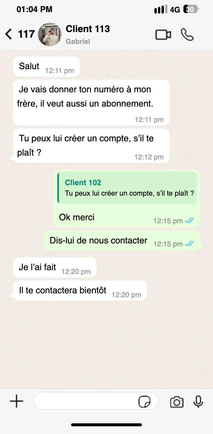 Screen WhatsApp client assisté pour l'activation de iptv pure